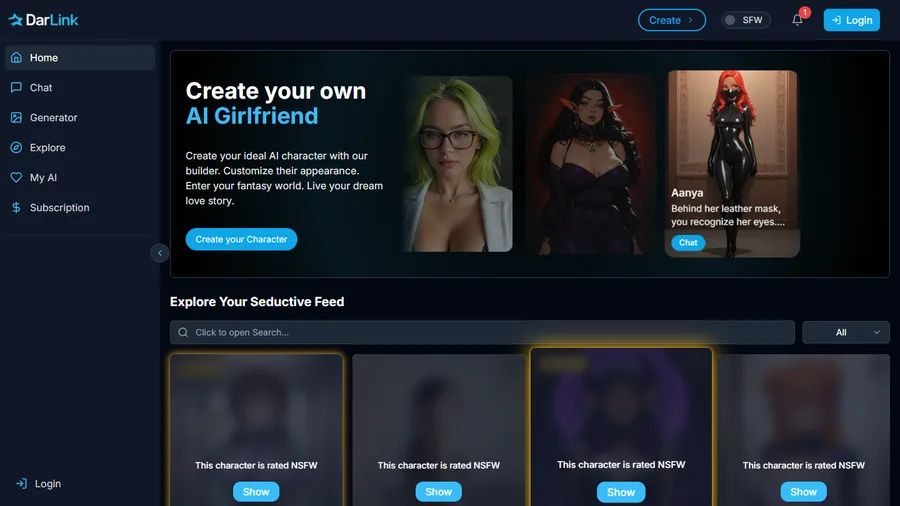Darlink AI AI companion interface screenshot, reviewed for fantasy character creation