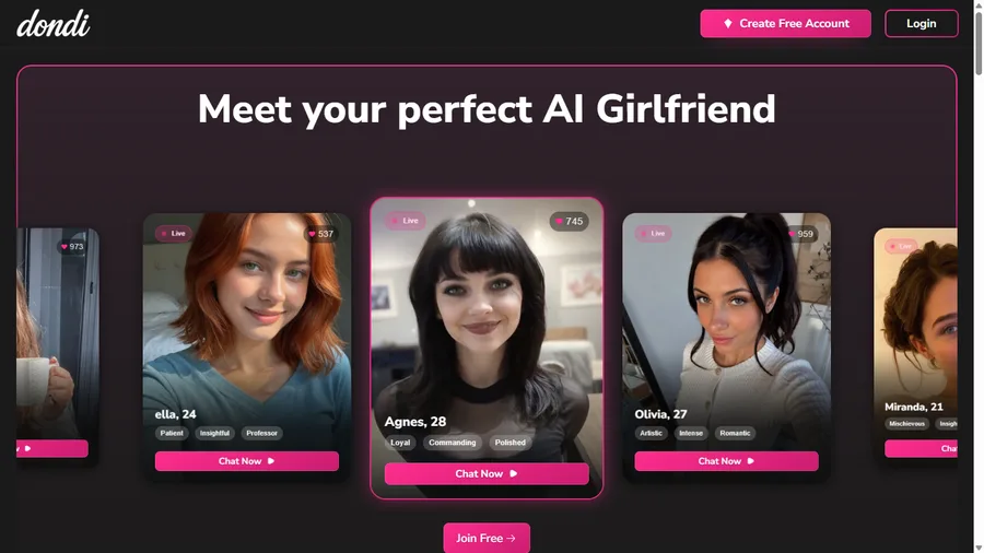 Dondi AI AI companion interface screenshot, reviewed for adult ai girlfriend chat