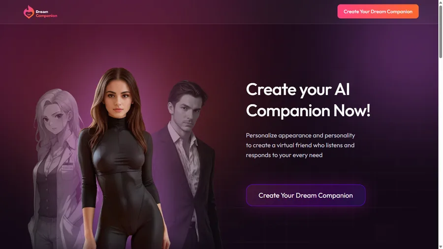 Dream Companion AI companion interface screenshot, reviewed for broad companion customization