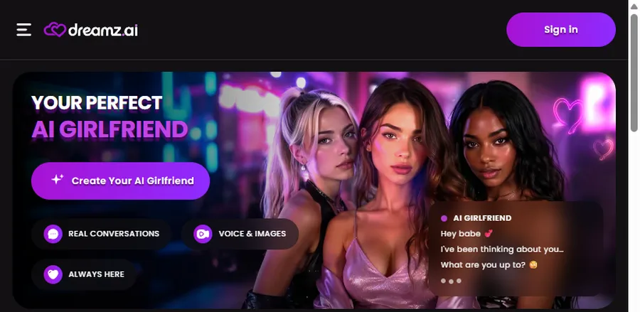 Dreamz AI AI companion interface screenshot, reviewed for image-led ai girlfriend chat