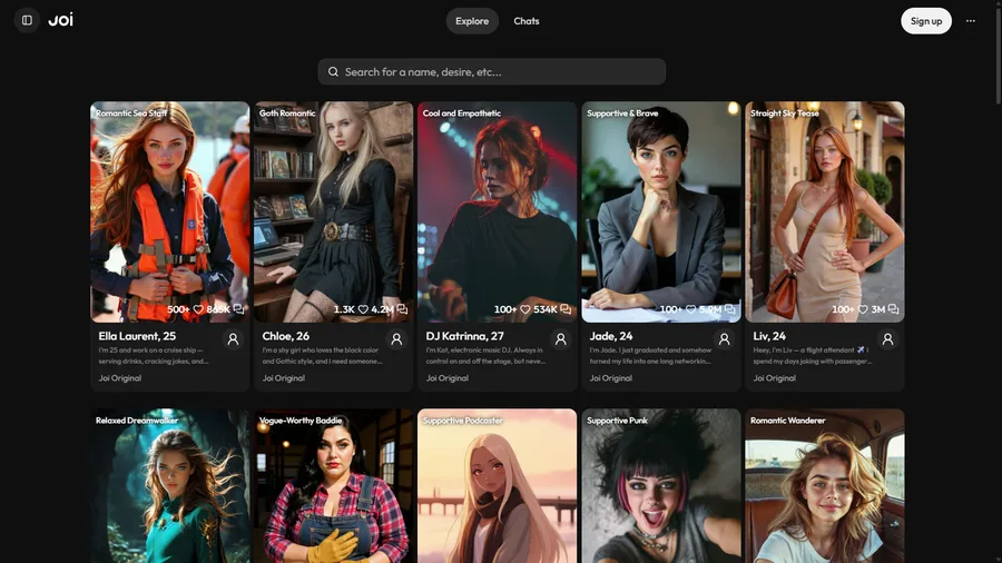 Joi AI AI companion interface screenshot, reviewed for character chat with photos and video