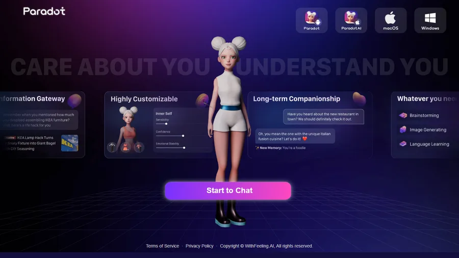 Paradot AI companion interface screenshot, reviewed for sfw memory and emotional continuity