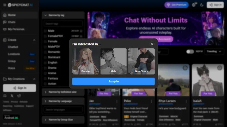 SpicyChat AI app interface screenshot